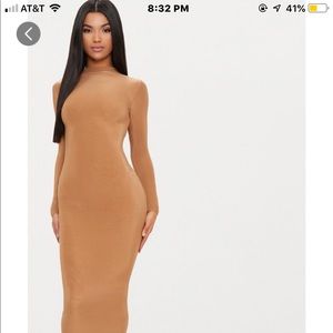 Camel skin high neck midaxi dress